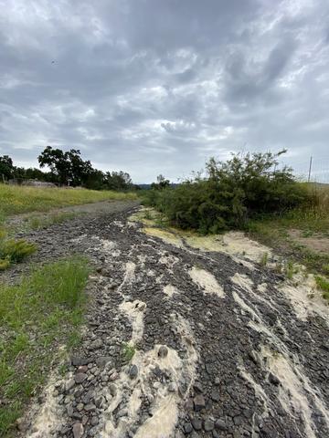 Exposed dry streambed of Adobe Creek with white mineral deposits on dark gravel under overcast sky